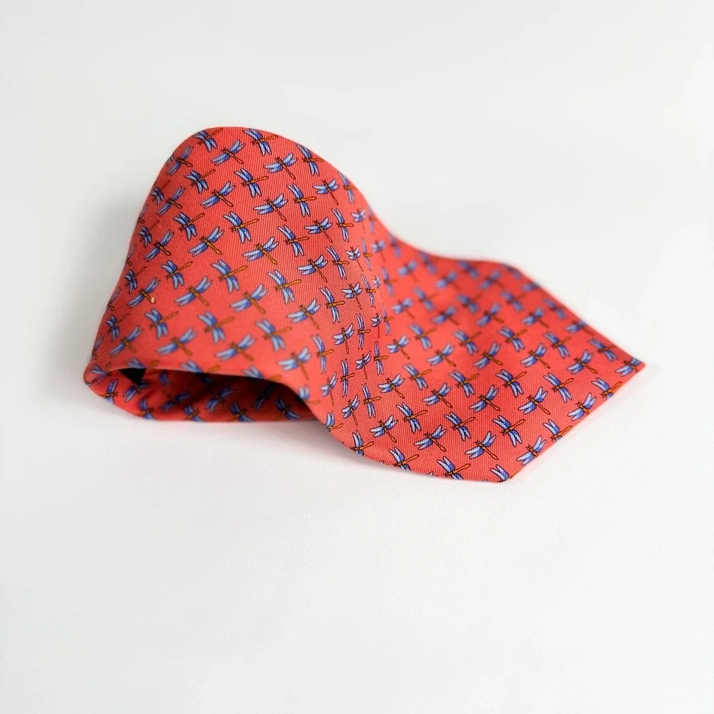 Brooks Brothers Tie Makers Silk Printed In Italy Coral Pink Dragonfly Necktie